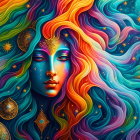 Colorful painting: Woman with multicolored hair in wavy landscape