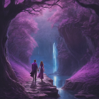 Couple by glowing purple waterfall in mystical setting