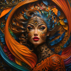 Colorful digital art: Woman in feathered headdress, orange, blue, and gold garments