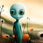 Illustrated alien in surreal golden landscape with flowers