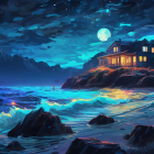 Fantasy nighttime landscape with pagoda, neon flora, rocks, starry sky