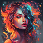 Colorful cosmic-themed woman illustration with flowing hair.