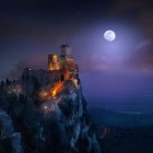 Night Scene: Capitol-like Building on Cliff Surrounded by Forests, Full Moon, Starry Sky