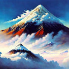 Snow-capped mountains under twilight sky with crescent moon: a serene painting.