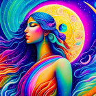 Colorful Psychedelic Portrait of Woman with Cosmic Elements