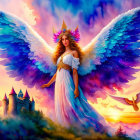 Fantastical image of woman with angelic wings and staff in vibrant sky