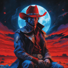 Futuristic cowboy in armor under large moon on red alien landscape