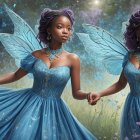 Ethereal fairy sisters in blue dresses amid magical glade