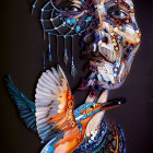 Detailed artwork: Woman's face in feathers with stylized bird on cosmic background