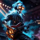 Robot playing electric guitar on stage with dynamic lighting and smoke effects