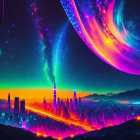 Colorful Fantasy Cityscape with Northern Lights, Meteor, Neon Buildings, and Glowing Bridge