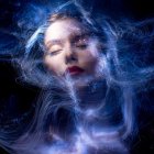 Woman's visage merging with cosmic tree branches in ethereal illustration