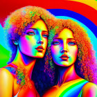 Vibrant portrait of two women with curly hair on psychedelic rainbow background