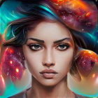 Colorful digital artwork of woman with cosmic makeup and multicolored hair, featuring stars and glowing elements