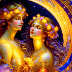 Ethereal women with golden headpieces in cosmic setting