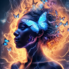 Profile view of woman with cosmic energy and butterflies in deep space