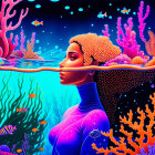 Colorful underwater illustration with woman and coral reefs