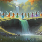 Colorful fairies in fantasy landscape with waterfalls