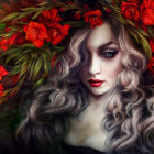 Digital Portrait of Woman with Silver Hair and Purple Eyes Among Red Flowers