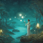 Woman in white standing in mystical forest with glowing flowers, starry sky, and floating boat.