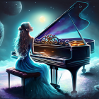 Surreal cosmic landscape with grand piano and mystical figure