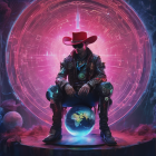 Cowboy in ornate attire under night sky with glowing orb and cosmic nebula.