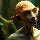 Contemplative elf with pointed ears in mystical forest setting