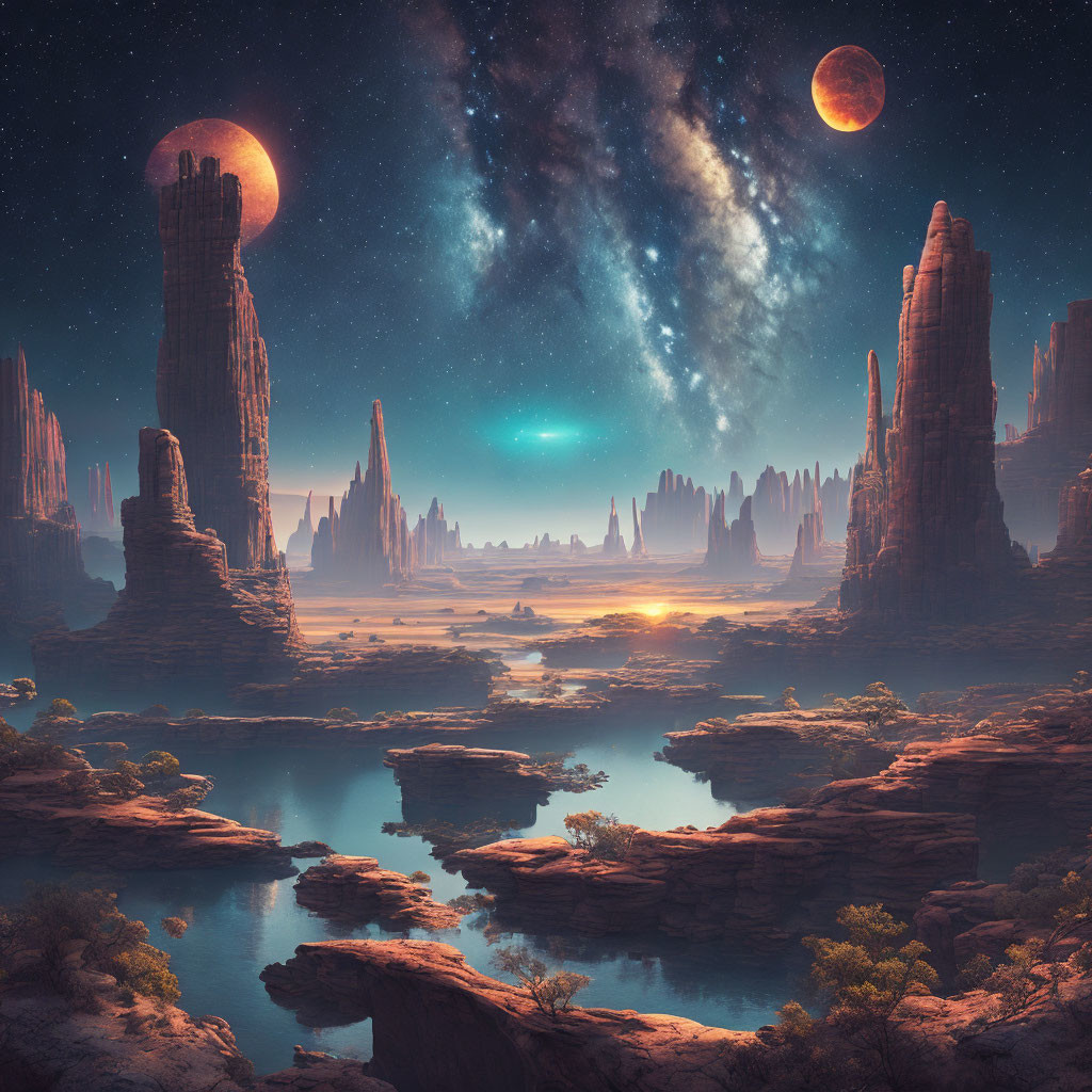 Extraterrestrial landscape with rock formations, moons, and starry sky