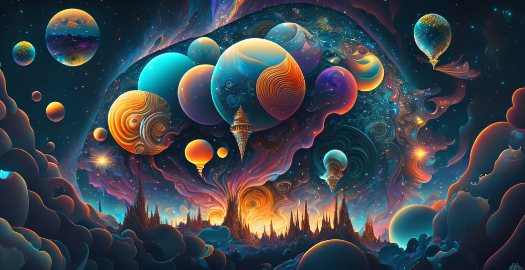 Surreal cosmic landscape with swirling skies and colorful celestial bodies