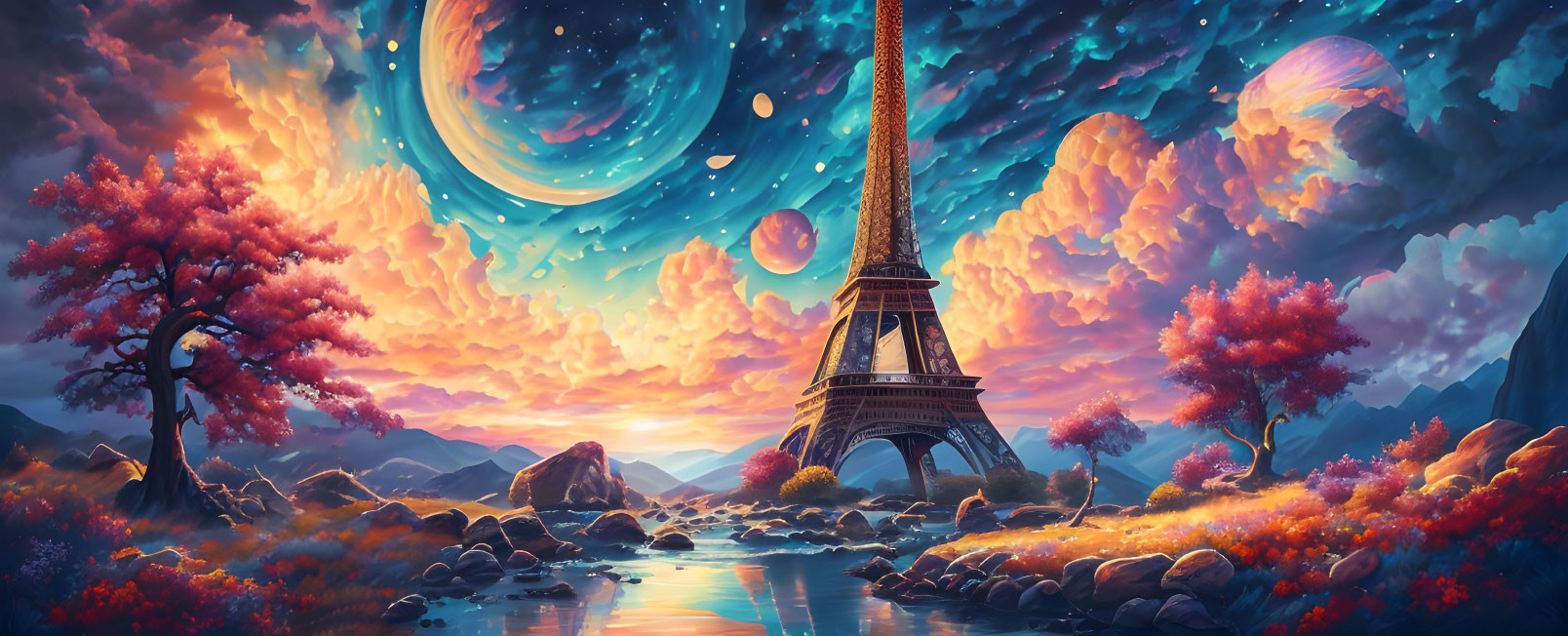 Colorful fantasy illustration: Eiffel Tower in alien landscape with swirling galaxy.