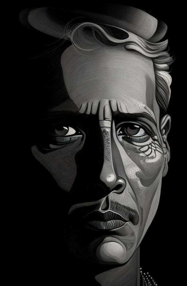 Split black and white digital portrait of a man's face with contrasting light and shaded sides