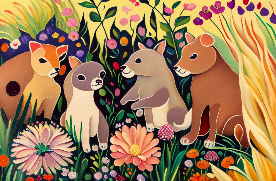 Whimsical garden scene with cartoon animals and colorful flowers