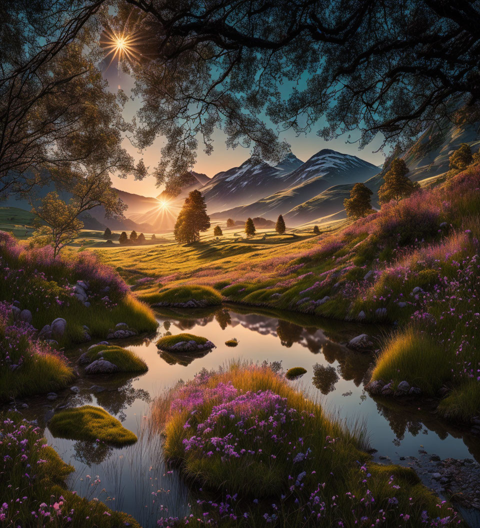 Tranquil sunrise landscape with purple flowers, creek, hills, and sunburst