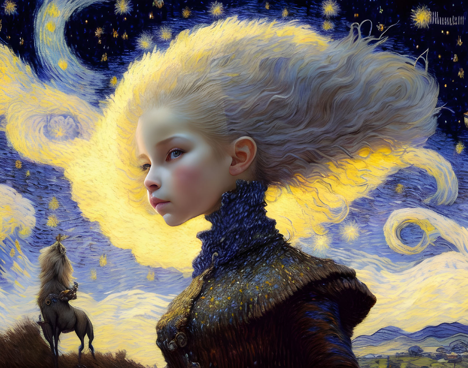 Stylized portrait blending girl with "Starry Night" hair and horse in vibrant yellow tones