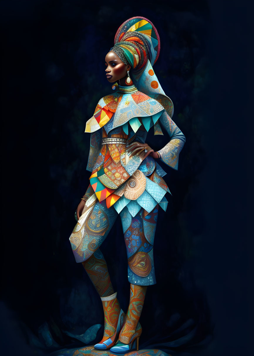 Elaborate geometric-patterned attire on model with large headpiece