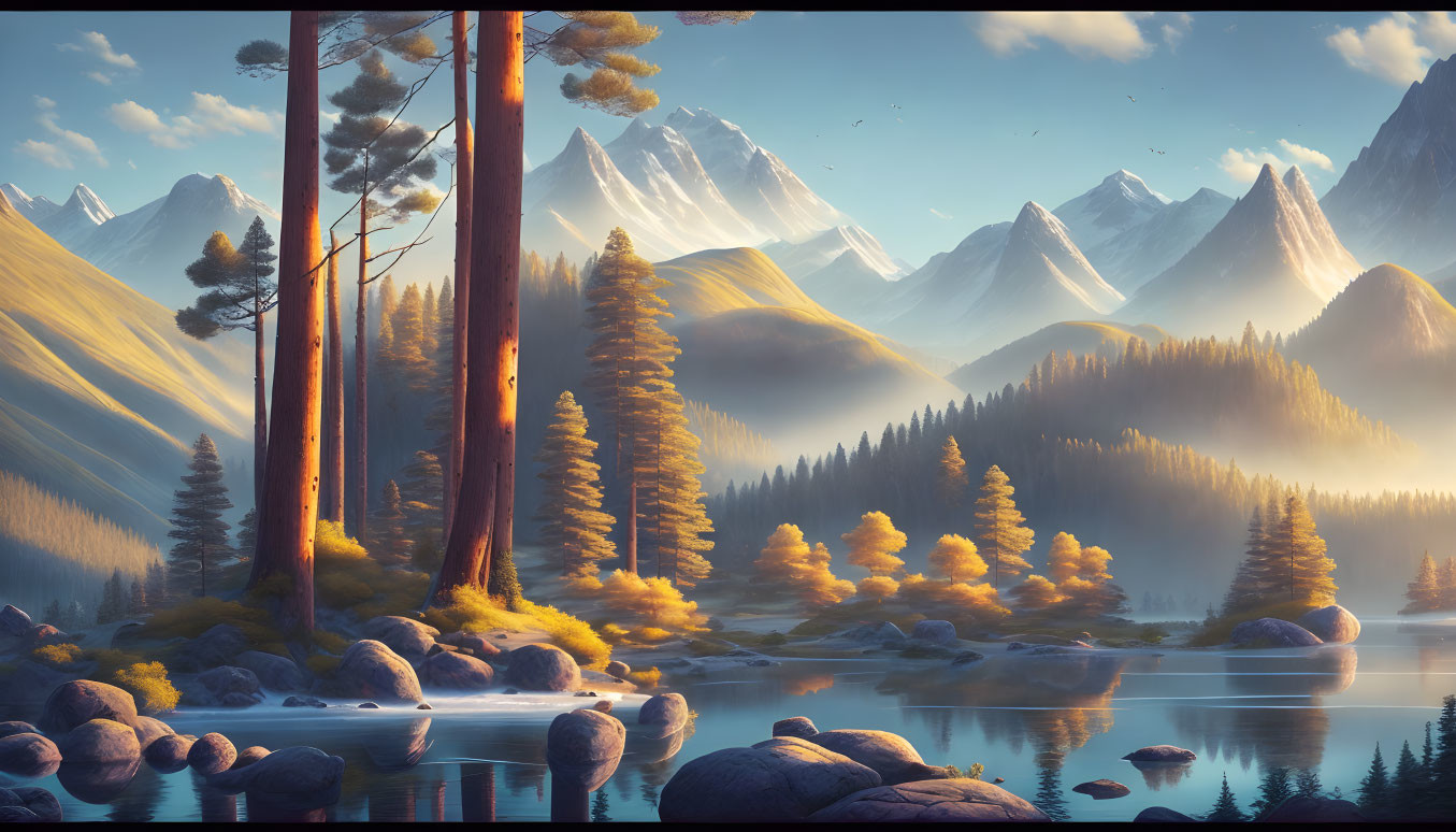 Tranquil lake, golden trees, redwoods, snowy mountains in warm sky