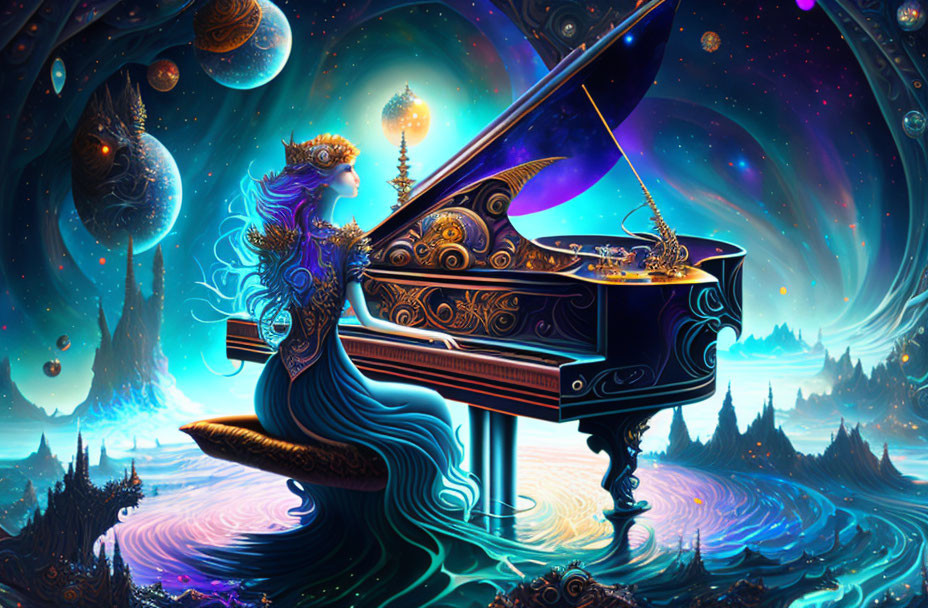 Surreal cosmic landscape with grand piano and mystical figure