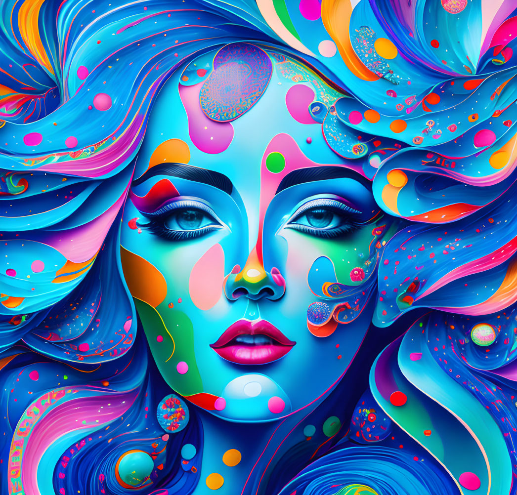 Colorful digital artwork: Woman's face with flowing hair, vibrant abstract patterns, and floating bubbles