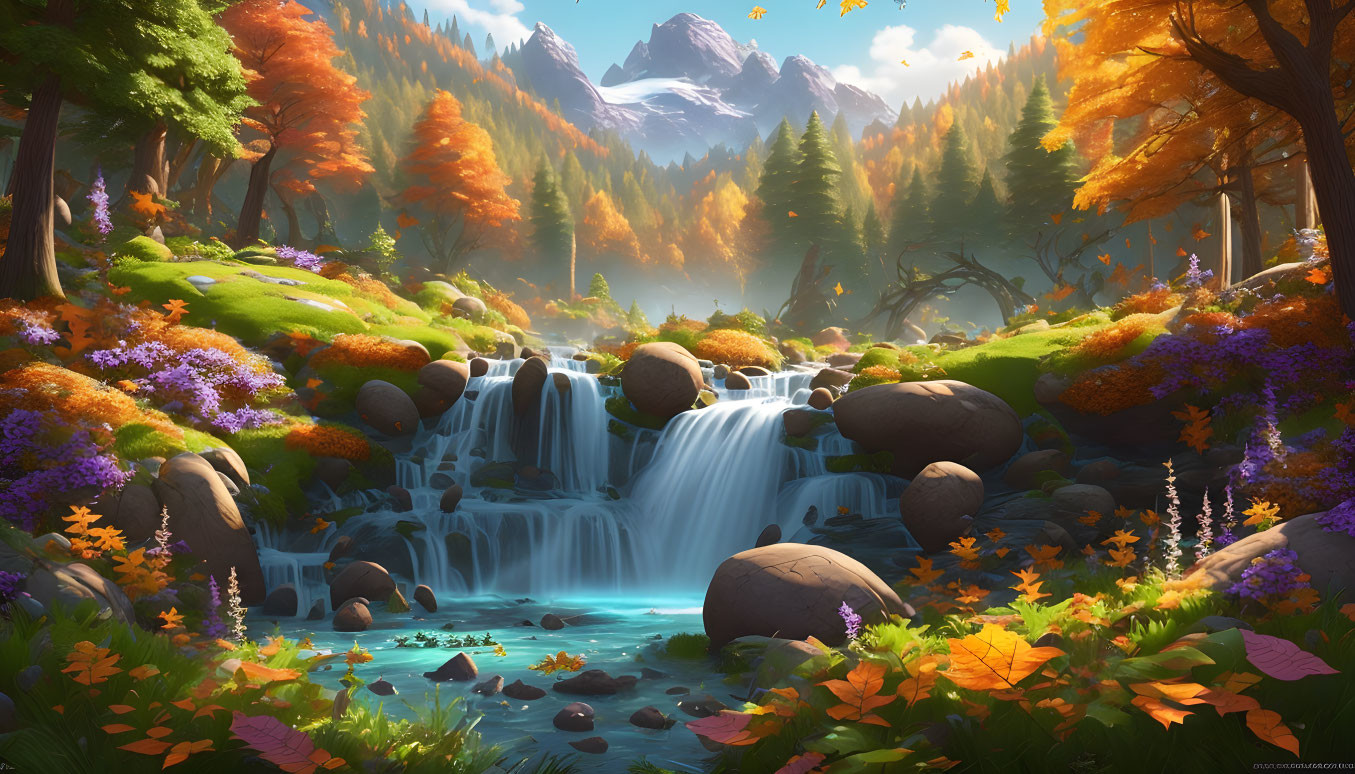 Tranquil landscape with waterfall, autumn trees, greenery, and mountain