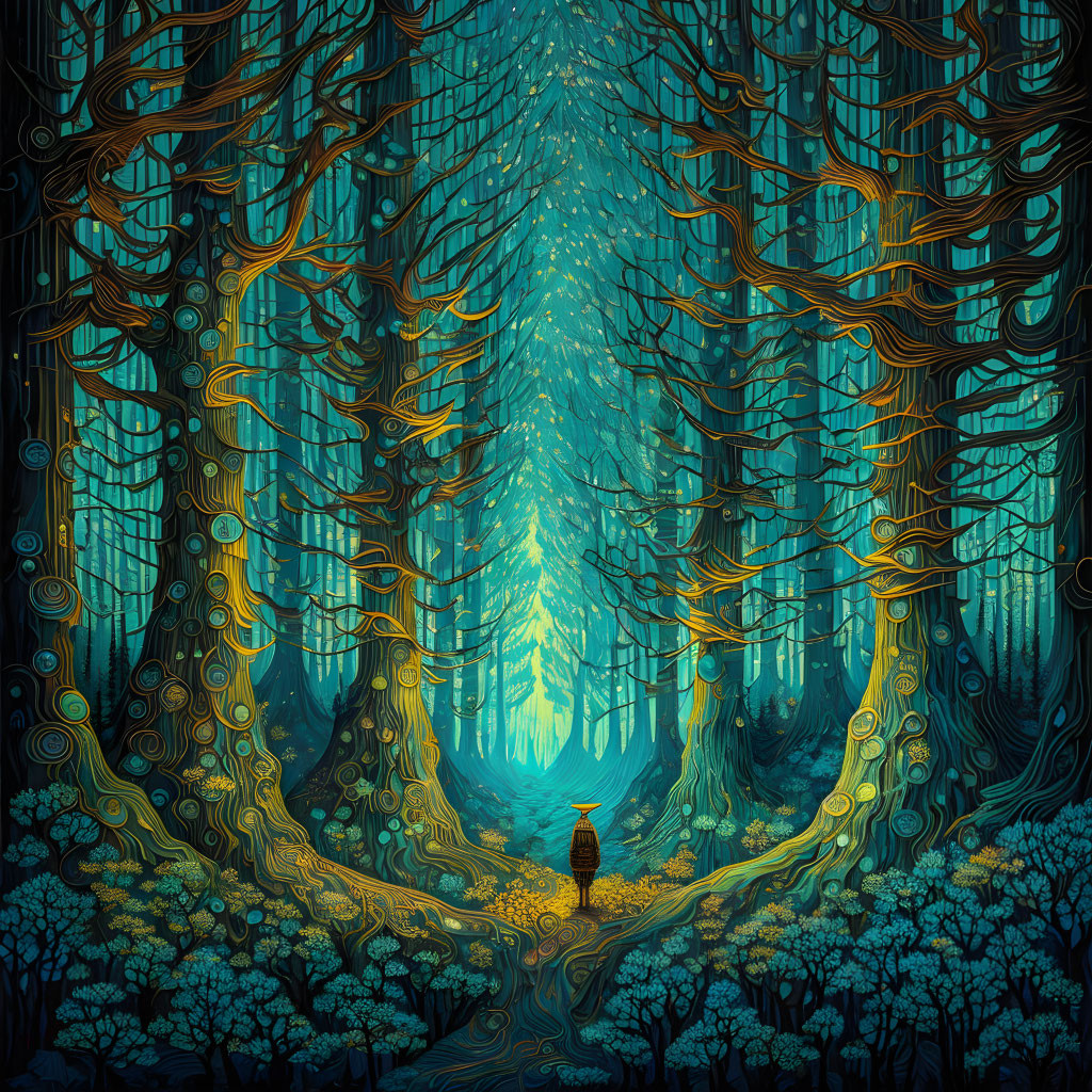 Mystical forest entrance with solitary figure and glowing flowers