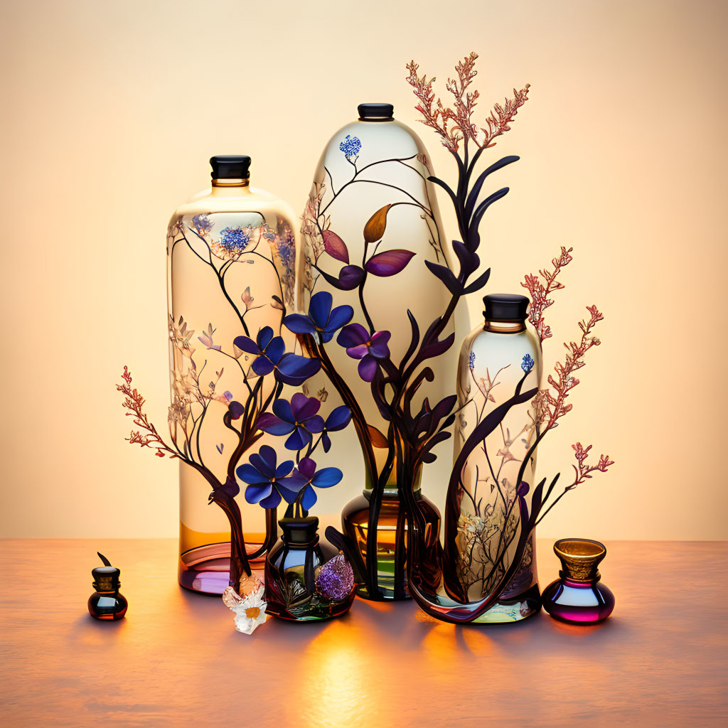 Assorted decorative glass bottles with floral and botanical designs on warm-toned background