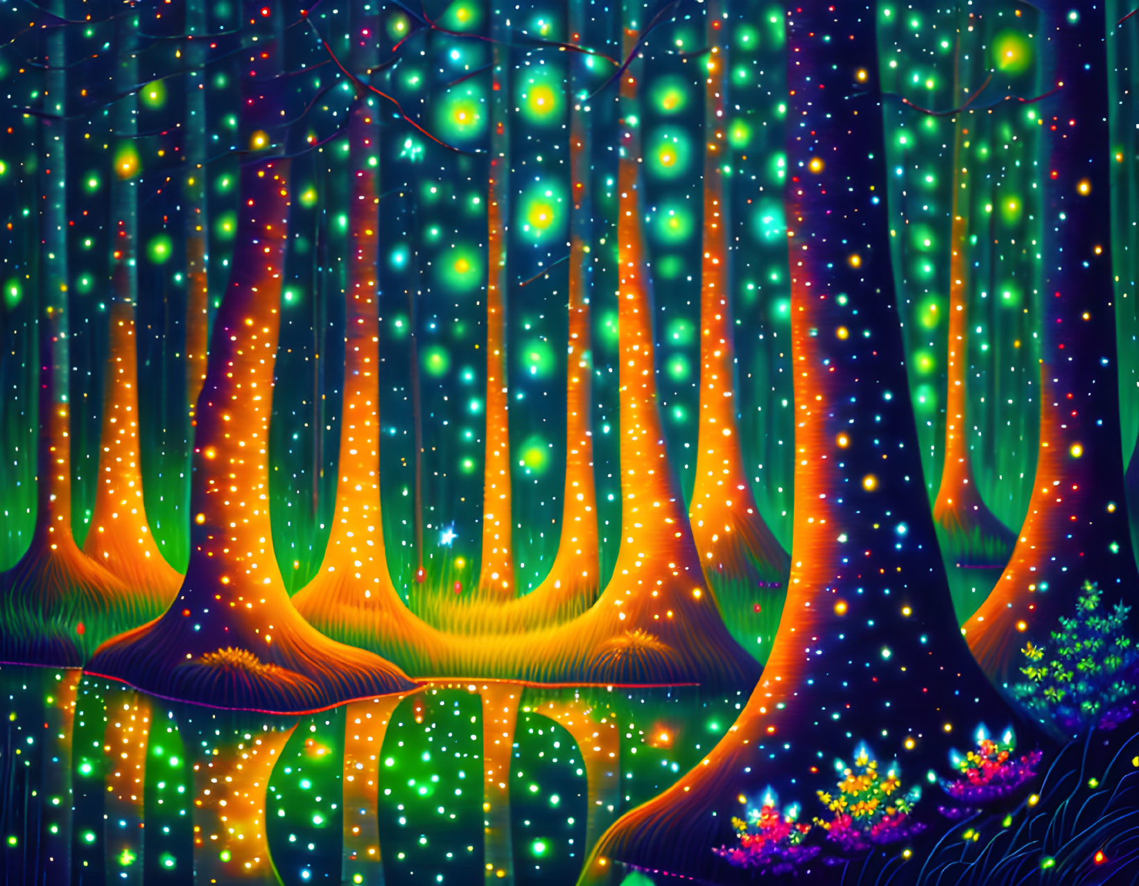 Enchanted forest illustration with glowing trees and magical lights