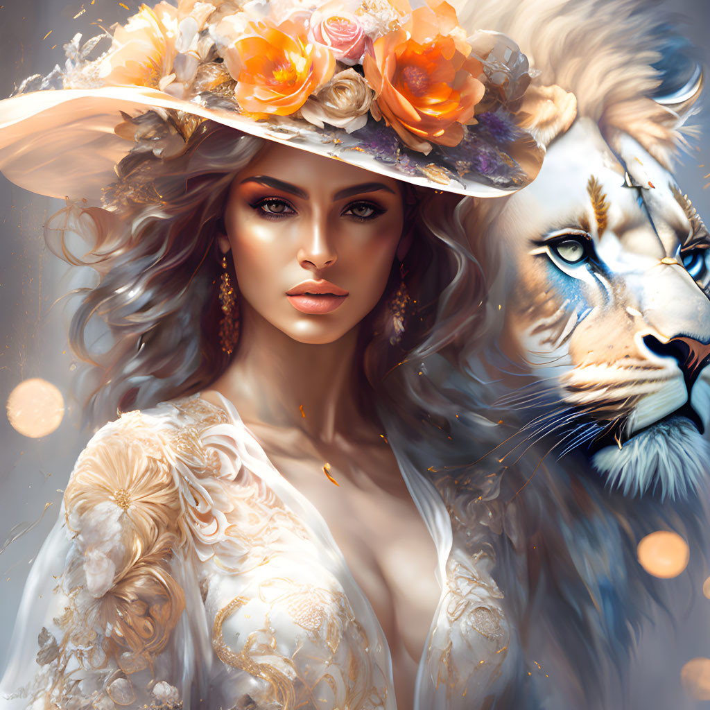 Digital art: Woman's portrait merged with lion, vibrant flowers, warm glow