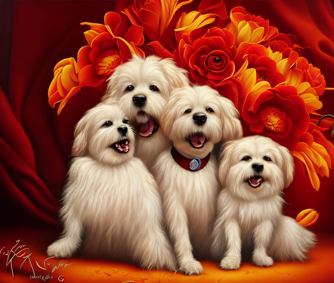 Four White Fluffy Dogs with Red and Orange Flowers on Red Background