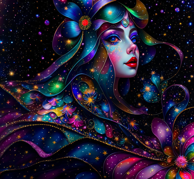 Colorful cosmic digital artwork of woman's face with floral designs and stars in deep space.