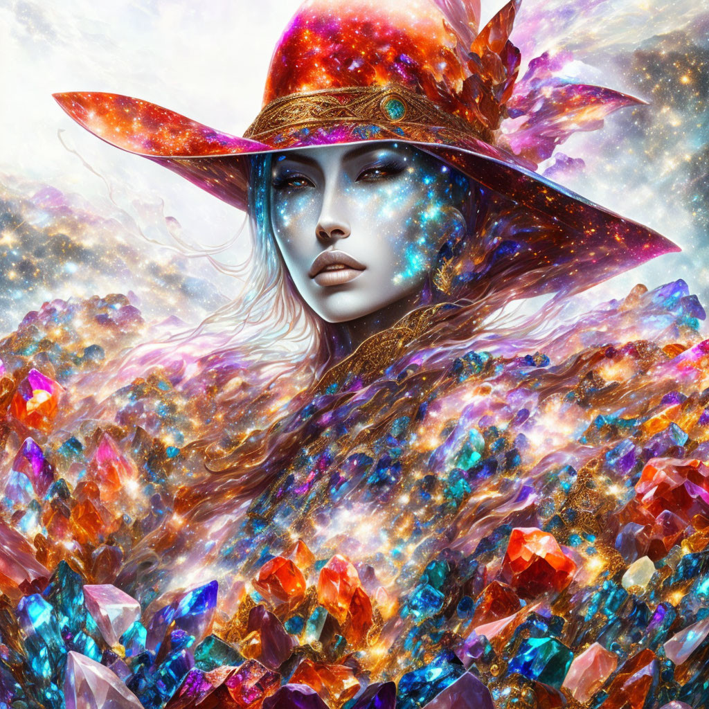 Cosmic-themed portrait of a woman in gem-encrusted outfit