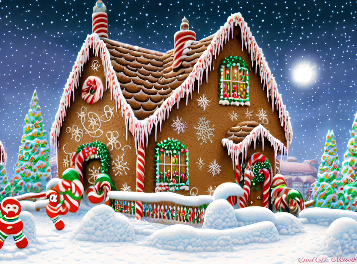 Whimsical Gingerbread House with Candies in Snowy Scene