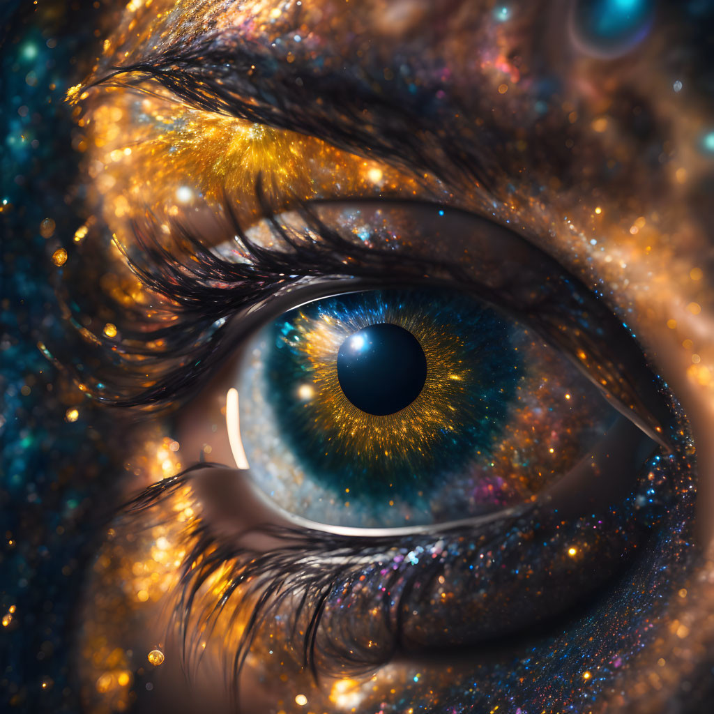 Human eye with cosmic starry effects in iris & eyelashes, creating galaxy-like appearance