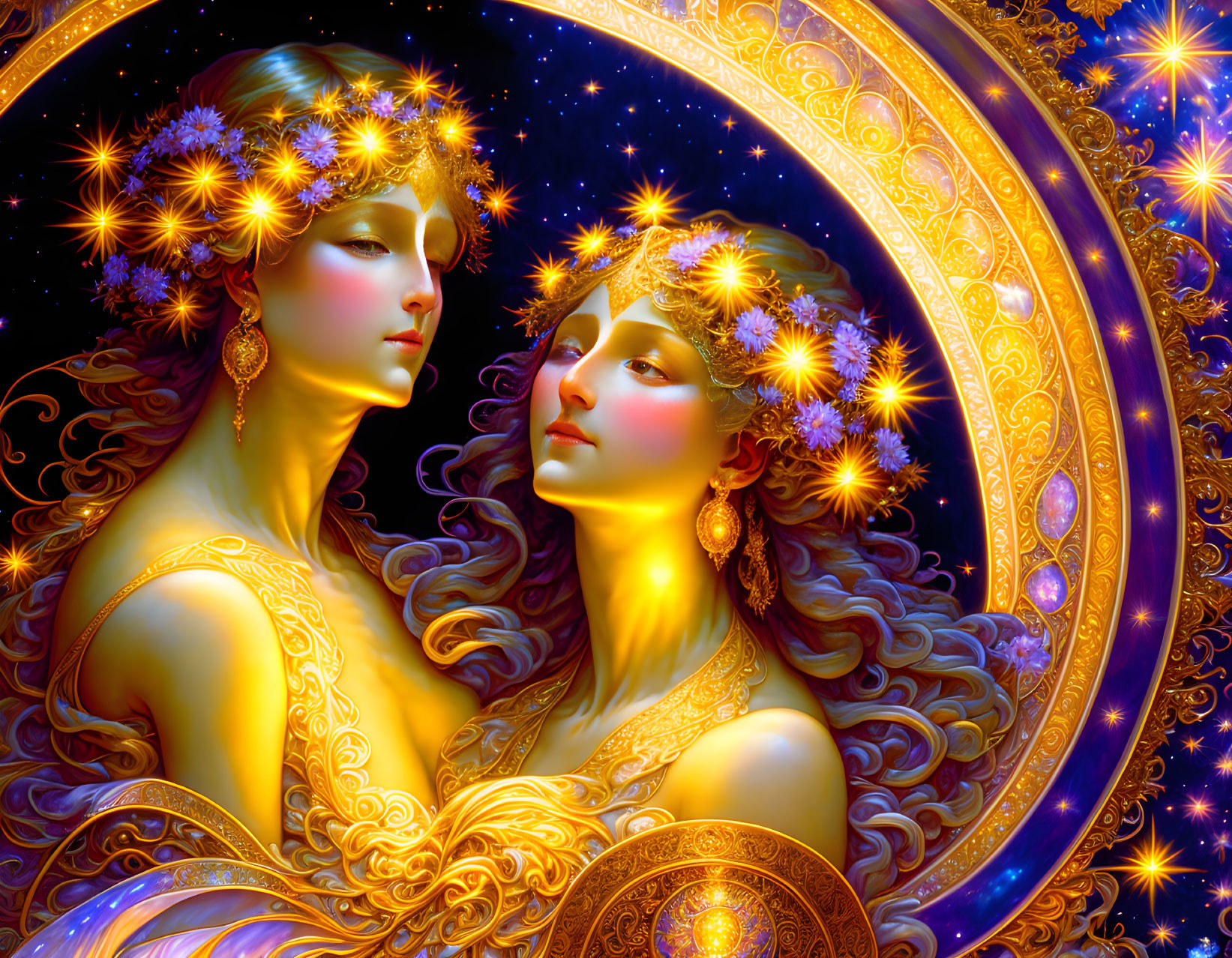 Ethereal women with golden headpieces in cosmic setting