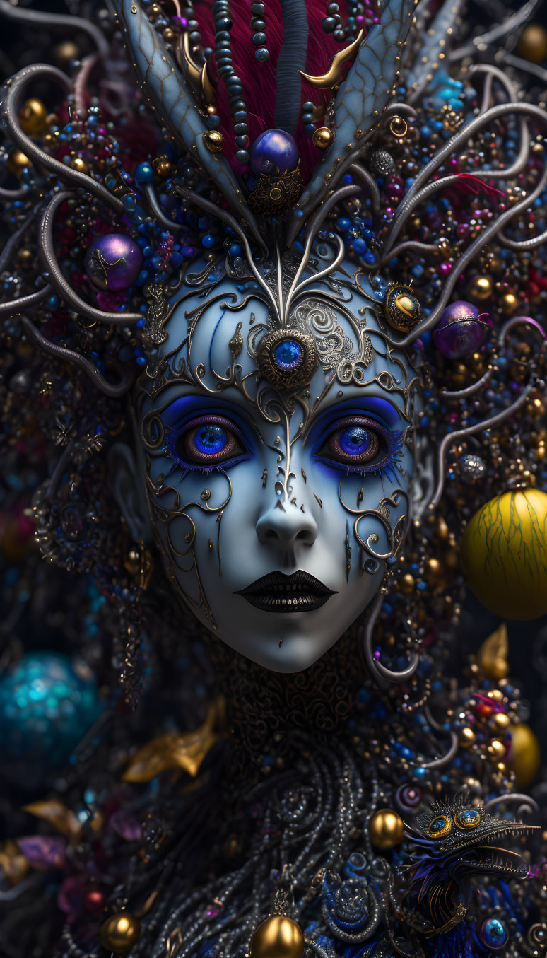 Intricate fantasy portrait with blue metallic face paint and peacock-themed headdress